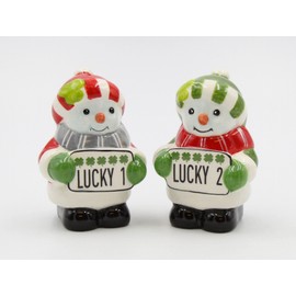 Fine Ceramic Lucky 1 & Lucky 2 Shamrock Irish Snowman Salt & Pepper Shakers Set, 3-5/8" H