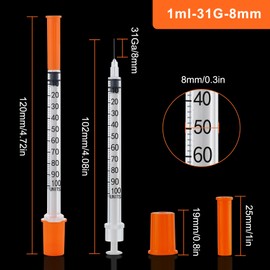 31g 1cc 5/16 Inch-8mm Syringes Compatible U-100 Accurate Measuring for Liquid Individually Sealed Packaging (Pack of 100)