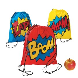 Superhero Drawstring Backpack Bags, Set of 12 - Comic Theme Birthday Party Favors, Giveaways and Handouts