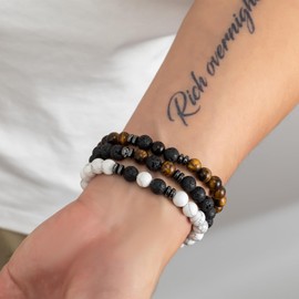 MOROTOLE Bracelet for Men, Tiger Eye Beaded Bracelets for Men Matte Lava Rock Bracelets Stacked Band Natural Stone Bracelet Set Adjustable Black Beaded Bracelet for Men Women Gifts