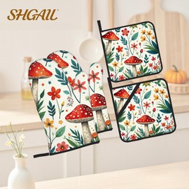 Oven Mitts and Hot Pads Set - Mushroom Design, Heat Resistant Cute Pot Holders for Kitchen, Baking Gifts for Women