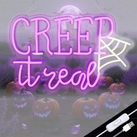Creep It Real Halloween Neon Sign with Ghost & Spider Web - Spooky Party Decor