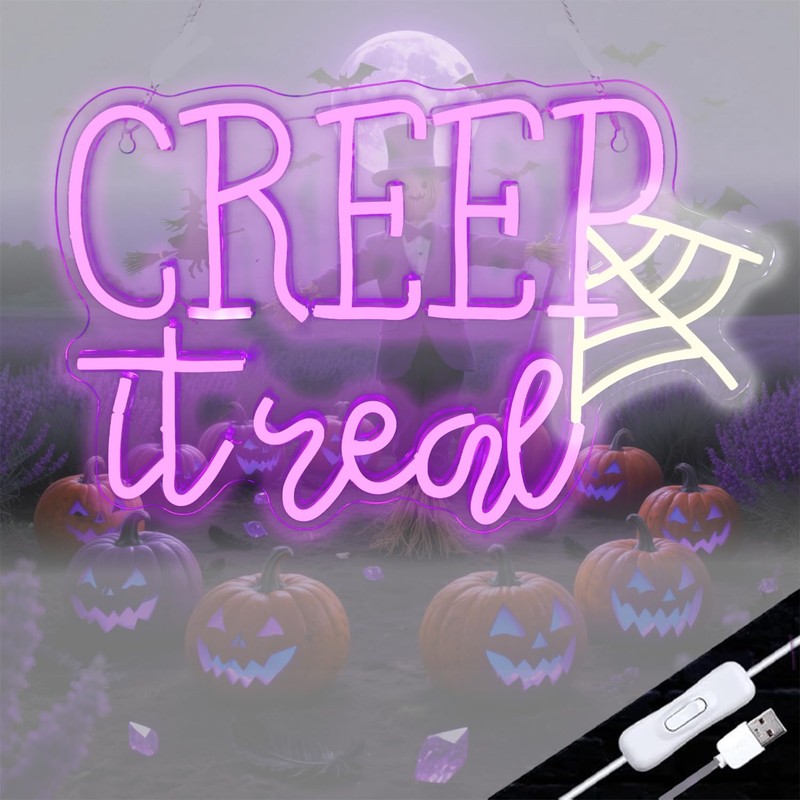 Creep It Real Halloween Neon Sign with Ghost & Spider