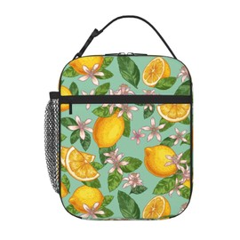 Lemon Blossom Insulated Lunch Bag, Leakproof Portable Box For Boys Girls, Large Capacity Cooler Bag With Handle And Bottle Pocket For Kids Teens Adults Office Camping School Hiking Outdoor