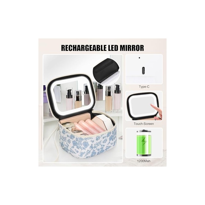 Relavel Mini Makeup Bag with Led Mirror, Small Floral Cosmetic