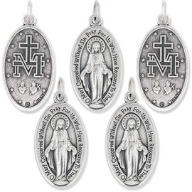Caritas et Fides Pack of 5 - Large Oval Miraculous Medals in English (1.125", Silver Oxidized) - Made in Italy, Catholic Mary Pendant for Necklace