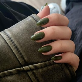 KQueenest Upgrade Thick Acrylic Press on Nails Short Oval, Olive Green Fake Nails for Women Daily Wear, UV Cover Acrylic Nails Press on Short Almond, Christmas Natural Fit Glue on Nails in 24 Pcs