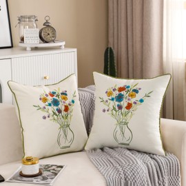 Tosleo Embroidered Throw Pillow Covers 18x18 inch Pack of 2 Flower with Vase Decorative Pillowcases Farmhouse Cotton Pillow Cushion Cases Home Decor Square Floral Pillow Case