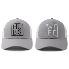 Mr and Mrs Gifts, Hubby Gifts for Men, Wifey Trucker Hat for Women, 2 PCS Hubs and Wife Mesh Snapback Baseball Cap, Just Married Gift for Husband Wife Grey