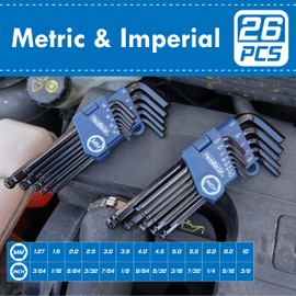 HemBorta® Allen Key Set Ball End Long 26pcs Metric/Imperial Alan Keys Sets 1.27-10mm Metric Allen Keys 3/64-3/8inch Imperial Allan Keyes, Heat Treated CRV Steel Hex Key Set