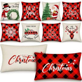 Newwiee 10 Piece Christmas Pillow Covers Christmas Throw Pillows Covers Christmas Decorations Snowman Wreath Santa Claus Tree Red Buffalo Plaid Merry Christmas Pillow Covers for Couch Sofa (Classic)