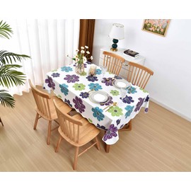 Summer Floral Tablecloth 54x72 Inch, Purple Flower Table Cloth, Rectangle Tablecloth Plastic, Vinyl Flannel Backed Tablecloth, Waterproof Resistant Table Cover for Camping, Party, Kitchen, Dining Room