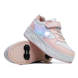 YUNICUS Kids Roller Skating Shoes Four Wheel Shoes USB Rechargeable LED Light Shoes Roller Skating for Boys and Girls (S900Pink,32)
