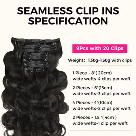 Lashey Clip in Hair Extensions Real Human Hair 150g Body Wave 9pcs Seamless Clip in Hair Extensions, 22 Inch #1B Natural Black 100% Real Soft Human Hair for Women
