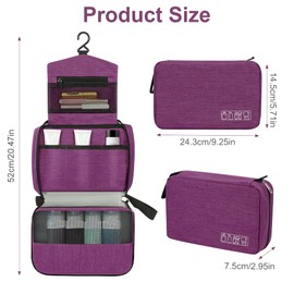 ALIIP Hanging Travel Toiletry Bag for Women, Waterproof Cosmetics Makeup Bag Organizer with Hook, Super Durable Fabric Travel Essentials (Purple)