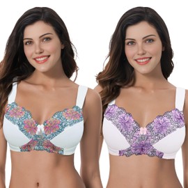 Curve Muse Women's Plus Size Minimizer Wireless Unlined Bra with Embroidery Lace-2 Pack-Buttermilk,Orchid Tint-44DD/EU:100E-V2