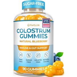 Purify Life Gomitas de calostro sin azúcar (1500 mg) Calostro bovino para humanos, suplemento de calostro de animales alimentados con pasto para la salud intestinal, reparación del intestino permeab