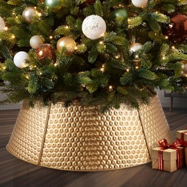 AWENDIETOU Christmas Tree Collar and Skirt Set - 28" Festive Holiday Decor with Gold Metal Tree Collar Base Stand - Ideal for Real or Artificial Trees - Christmas Skirt Tree Basket Decorations Gift