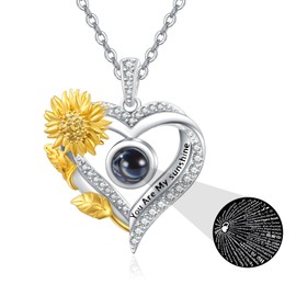 AENEAS Sunflower Heart Necklace 925 Sterling Silver You Are My Sunshine Pendent I Love You Necklace 100 lauguages Projection Jewelry Gifts for Daughter/Wife/Mum