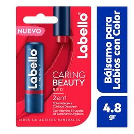 LABELLO Bálsamo Labial Caring Beauty Red (4.8 g), Color Intenso y Cuidado Duradero con Vitamina E y Aceite de Almendras Orgánico