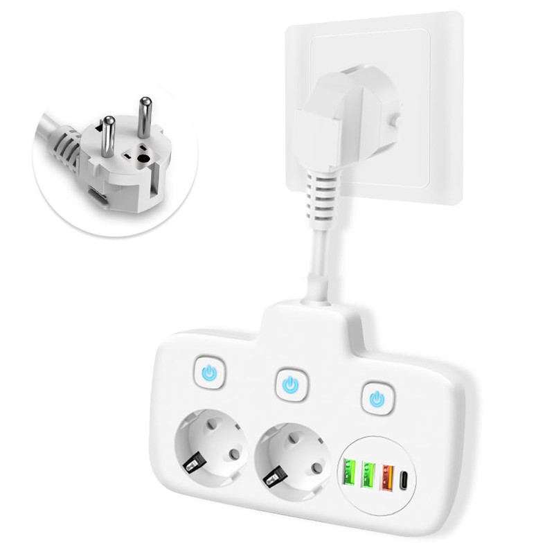 KUWUNG 6 in 1 Socket with USB, 2-Way Double Plug