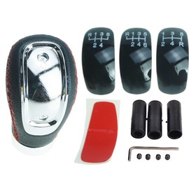 Universal Gear Knob 5 Gears / 6 Gears Perforated with 3 Adapters - Black/Chrome, Red Stitching