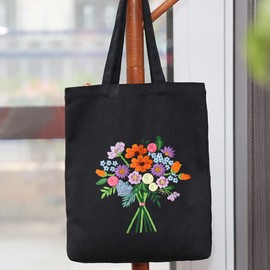 Namvo Embroidery Kit Canvas Tote Bags with Floral Patterns, Bamboo Embroidery Hoops, Color Threads Needles DIY Cross Stitch Kits for Beginners Black