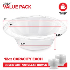 120 Pack 12 oz Elegant Clear Plastic Bowls for Parties Small Disposable Bowl for Fancy Dinner or Cocktail Party, Soup and Salad, Thick and Sturdy