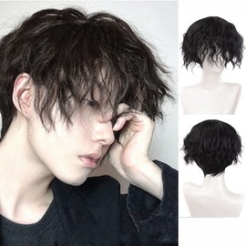 Short Wig, Men's, Women's, Fluffy Texture, Natural Wave, Harajuku, Small Facial Effect, Wig, Maize Wig, Everyday Wig, Fluffy, Perm, Handsome Short Hair (Black)