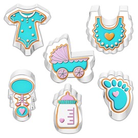 Baby Shower Cookie Cutter Set, 6 Pcs Baby shirt, rattle, bottle, bib, stroller, baby feet Fondant Biscui Cutters Stainless Steel Cookie Cutters for Baby Shower Birthday Party