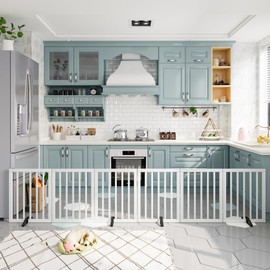 Dog Gates for Doorways Extra Wide 110inches (9ft), Wooden Freestanding Pet Gates for Dogs with 4 Support Stands, Foldable Gates for Dogs Indoor