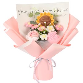 BmBpWOW Crochet Flowers Bouquet Kit,Handmade Knitted Bouquet Knitted Fake Sunflower Tulip Rose Daisy for Mother's Day Birthday Wedding Home Decor or Mom (Pink)