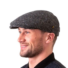 Biddy Murphy Men’s Tweed Cap 100% Irish Wool Tweed Driver's Cap Charcoal Herringbone Fleck Made in Ireland Small