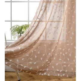 MIUCO Floral Embroidered Semi Sheer Curtains Faux Linen Grommet Curtains for Living Room 52 x 84 Inch 2 Panels Set, Taupe