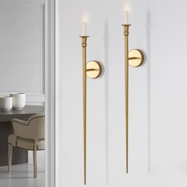 Gold Wall Candle Sconces Set of 2, Retro Long Metal Candle Holders for Wall, Elegant Wall Decor for Living Room, Dining Room, Bathroom, and Office