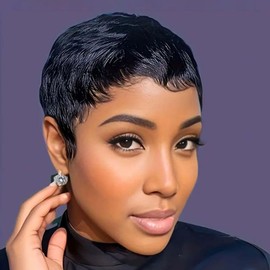 Tgezer Pixie Cut Wig Human Hair Short Bob Wig Short Layered Pixie Cut Wigs for Black Women Brazilian Hair Glueless None Lace Front Wig Black Color
