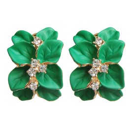 Navachi 18k Gold Plated Clear Crystal Green Enamel Leaves Flower Omega Earrings