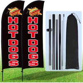 Buryeah 2 Sets Hot Dogs Feather Flag Kit 7 x 5.4 ft Hot Dogs Swooper Flag Pole Kit with Pole Ground Stake and Portable Bag Hot Dog Sign for Restaurant Advertising Business Outside Ground (Black)