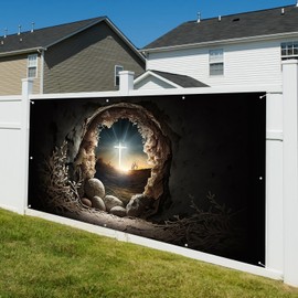 CRTPOD 6x13ft Easter Empty Tomb Garage Door Banner Decorations Jesus Christ Cross He is Risen Holy Lights Garage Buddy Door Cover Backdrop for Church Sanctuary Party Supplies Home Wall Door Decor