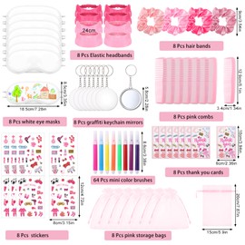 Daifunli 192 Pcs Sleepover Party Supplies for Women Include White Eye Mask Graffiti Mirrors Blindfold Fabric Marker Pens Hairband Scrunchies Comb Keychains for Spa Slumber Bachelorette Favors