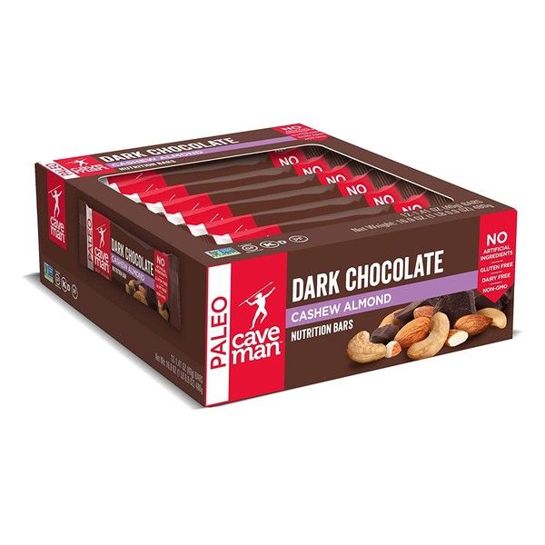 Caveman Foods Paleo-Friendly Nutrition Bar Dark Chocolate Cashew Almond, 1.4 Ounce (12 Count Box)