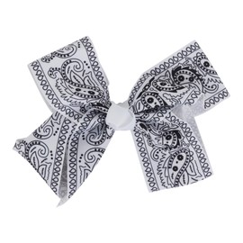 Womens Hair Bow Clips Paisley Print Ribbon, 5.5W x 4H Inches, Metal Clip (White)