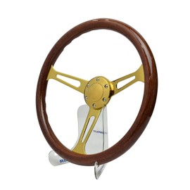 TIYPEOR 375 mm (14.8 inches) Wood Steering Wheel-Classic - ABS Wood with Polished Spokes 3 Aluminum Spoke Bracket 6 Bolts,Dish Depth 60MM-Universal Fit
