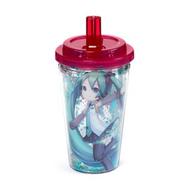 Puckator Shatterproof Hatsune Miku Double Walled Cup & Straw - Insulated Tumbler - Cups with Lids and Straws for Adults Children - Travel Thermal Cup with Straw - Water Bottles with Staw
