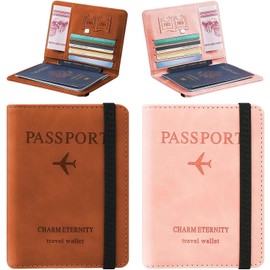 2 PACK Cartera para Pasaporte RFID, Pasaporte Funda para Hombres y Mujeres, Protector de Pasaporte, Viaje Accesorios Mujer(Marrón + Rosa)