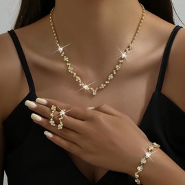 Prom Earrings Necklace Bracelet Set Elegant Crystal Necklace Earrings Bracelet Bridal Wedding Prom Costume Jewelry (Gold)