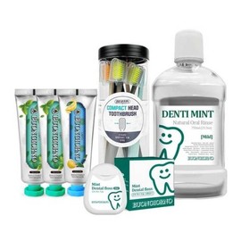 Chuseok gift set of 5 Dentibongiorno oral care products (2 x 100g for bad breath + 1 x 100g for tartar + 8 x fine-bristle toothbrushes + oral hygiene product) / 추석선물 덴티본조르노 실속 구강 5종 세트(구취 100g 2개+치석 100g 1개+미세모 칫솔 8개입+구강청결제