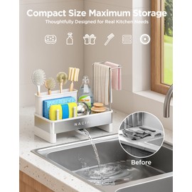 Nacial Sponge Holder for Kitchen Sink, Sink Caddy Organizer with High Brush Holder, Two Towel Racks & Soap Dispenser- Rustproof 304 Stainless Steel Kitchen Countertop Storage Essentials - White