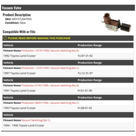 Marketplace Auto Parts Vacuum Valve - Compatible with 1991-1997 Toyota Land Cruiser
