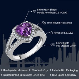 Gem Stone King 2.31 Cttw Purple Amethyst and White Moissanite Ring For Women | 925 Sterling Silver | Gemstone February Birthstone | Heart Shape 8MM | Available In Size 5,6,7,8,9